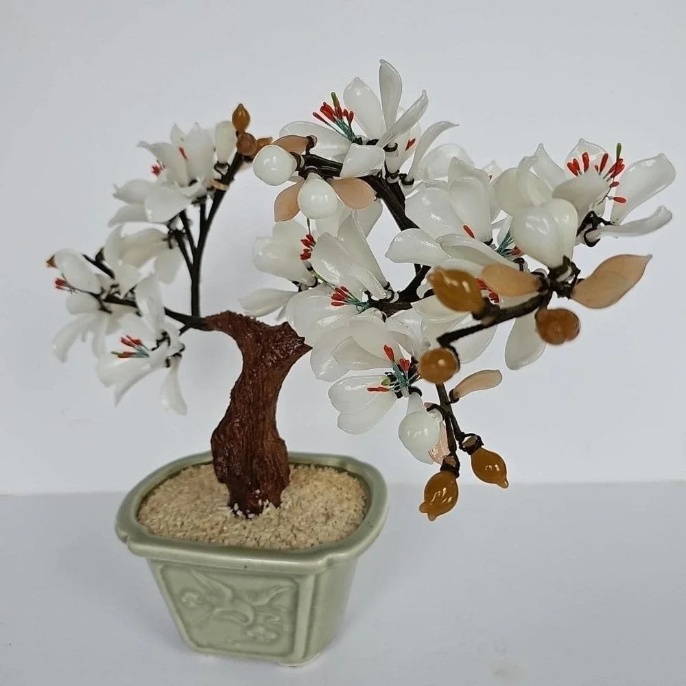 Vintage‎ Chinese Glass Bonsai Tree White Flower Celadon Pot Chinoiserie Decor